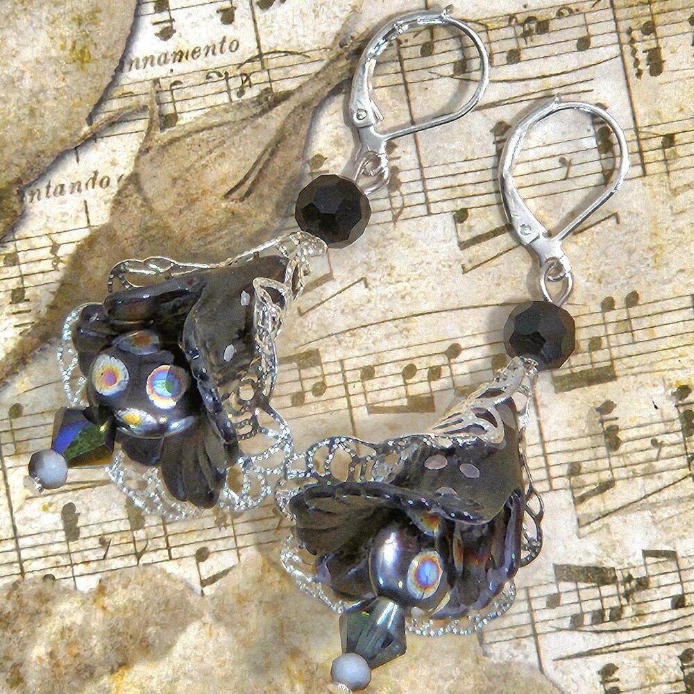 Black White Spots Silver Hand Painted Lucite Flower Earrings, Crystal, Filigree